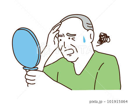 鏡を見ながら薄毛に悩む中高年の男性 鏡を見ながら薄毛に悩む中高年の男性 101915864