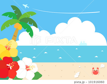 ハイビスカスと海や入道雲などの真夏のビーチをイメージしたイラスト ハイビスカスと海や入道雲などの真夏のビーチをイメージしたイラスト 101916060