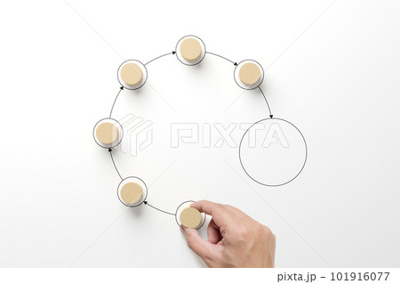 Hand holding wooden cube block arranging processing management on white background 101916077