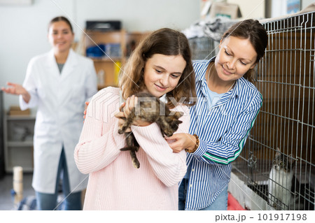 Preteen girl with mother visiting animal shelter to take home kitten Preteen girl with mother visiting animal shelter to take home kitten 101917198