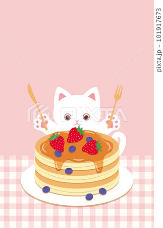 苺とブルーベリーのパンケーキを食べる猫の背景イラストのイラスト素材