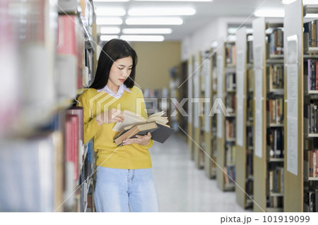 Student standing and reading book at library. Student standing and reading book at library. 101919099