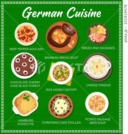 German cuisine restaurant menu. Beef pepper goulash, sausages and bavarian bread soup, cake Black Forest, cheese fondue and kidney Eintopf, Hamburg pie, christmas cake and potato sausage beer soup German cuisine restaurant menu. Beef pepper goulash, sausages and bavarian bread soup, cake Black Forest, cheese fondue and kidney Eintopf, Hamburg pie, christmas cake and potato sausage beer soup 101919478