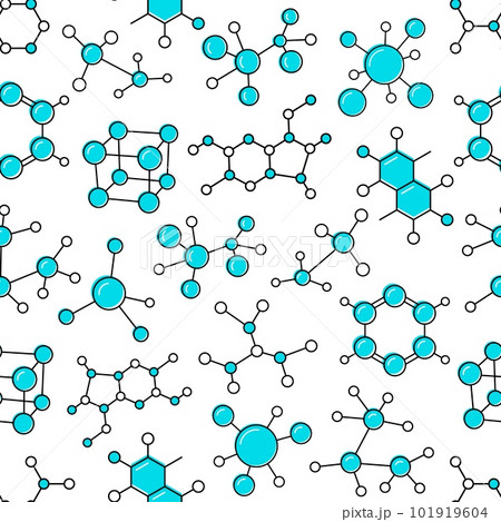 Science and medical molecule icons seamless pattern, chemistry and biology vector background. Thin line molecular structure and chemical formula of bio cells, blue hexagon, cube and circle models 101919604