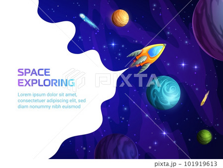 Space landing page, space rocket in galaxy with planets and stars vector background of business startup website template. Space exploring web banner or astronomy science project launch landing page 101919613