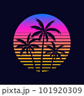 Palm tree and sunset in the moon reflected in the river on a summer night	 101920309