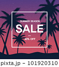 Landscape and illustration of palm trees on the beach at sunset with gradient - sale banner	 101920310