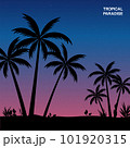 Landscape and illustration of palm trees on the beach at sunset with gradient	 101920315