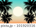 Illustration of a beach with plenty of palm trees in the sunset sky	 101920316
