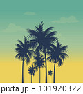 Landscape and illustration of palm trees on the beach at sunset with gradient	 101920322