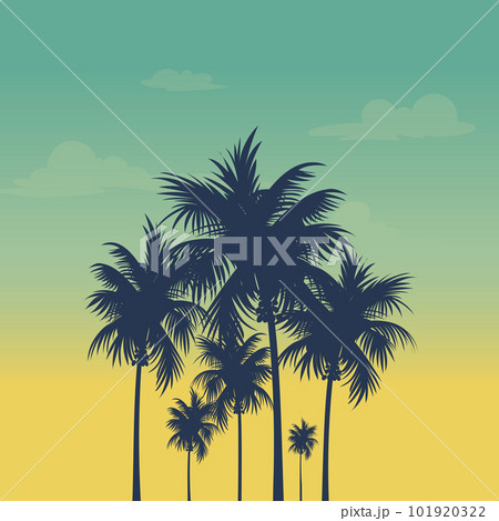 Landscape and illustration of palm trees on the beach at sunset with gradient Landscape and illustration of palm trees on the beach at sunset with gradient 101920322