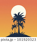 Illustration of a beach with plenty of palm trees in the sunset sky	 101920323