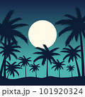 Illustration of a beach with plenty of palm trees in the sunset sky	 101920324