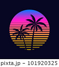 Palm tree and sunset in the moon reflected in the river on a summer night	 101920325