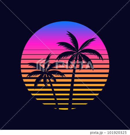 Palm tree and sunset in the moon reflected in the river on a summer night	 101920325