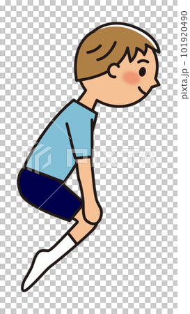 A boy playing a trampoline _ Fly with your hands on your knees 101920490