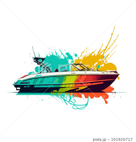 Multi-colored boat on the background of colored splashes. For your sticker or logo design. 101920717