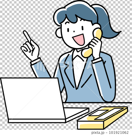 女商人一邊看著電腦一邊微笑著接電話 101921062