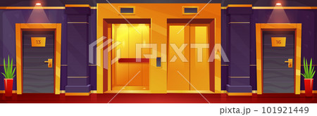 Cartoon luxury hotel floor with golden elevators 101921449