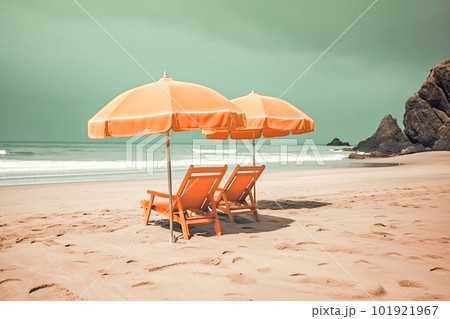 Two beach chairs and umbrella on the tropical beach with sea and sky background, vintage color tone Two beach chairs and umbrella on the tropical beach with sea and sky background, vintage color tone 101921967