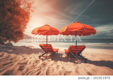 Two beach chairs and umbrella on the  tropical beach with sea and sky background, vintage color tone 101921970