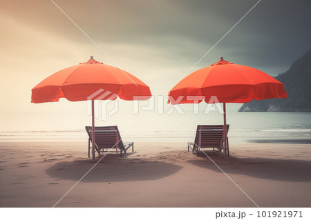 Two beach chairs and umbrella on the  tropical beach with sea and sky background, vintage color tone 101921971