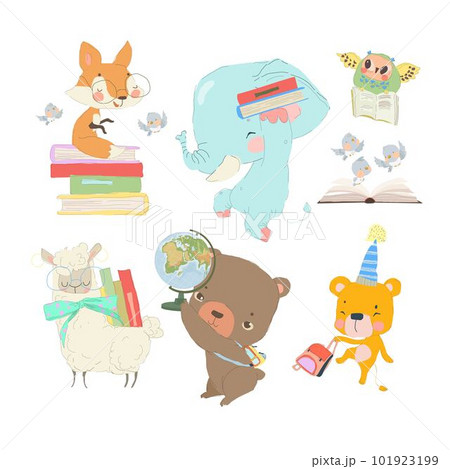 Cartoon Set with Happy Animals Getting Ready for School Cartoon Set with Happy Animals Getting Ready for School 101923199