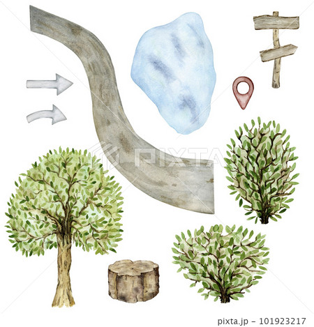 Set of elements for creating a travel map by car. Road, lake, road sign, arrows, shrubs, tree. Watercolor illustration. Set of elements for creating a travel map by car. Road, lake, road sign, arrows, shrubs, tree. Watercolor illustration. 101923217