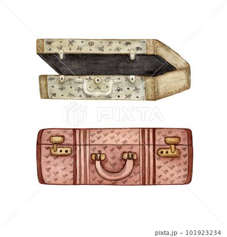 Set of cute old suitcases for traveling by car. Watercolor illustration Set of cute old suitcases for traveling by car. Watercolor illustration 101923234