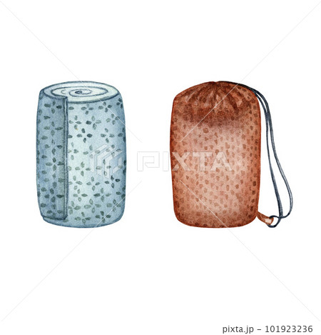 Rug and tent in a cover for outdoor recreation and traveling by car. Watercolor illustration 101923236
