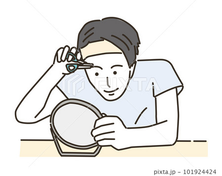 鏡を見ながら眉毛カットをする若い男性 101924424