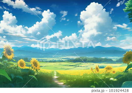 ひまわり畑と夏の青空 101924428