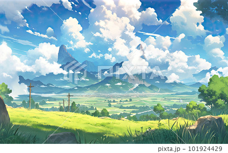緑の丘と夏の青空 101924429