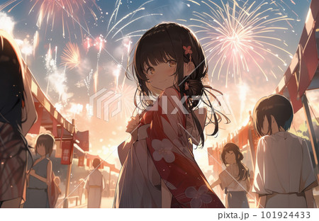 打ち上げ花火と浴衣を着た美少女 101924433