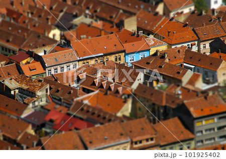 European medieval city view. Miniature tilt shift lens effect European medieval city view. Miniature tilt shift lens effect 101925402