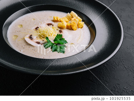 Creamy mushroom soup with champignons on black 101925535