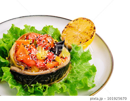 Baked mackerel with sesame and lemon and vegetables Baked mackerel with sesame and lemon and vegetables 101925670