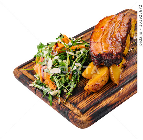 Tasty Grilled Pork Rib and Fried Potatoes 101925672