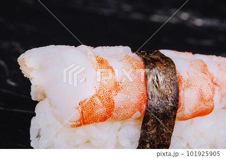 Japanese Nigiri Ebi sushi with black tiger shrimp and rice 101925905