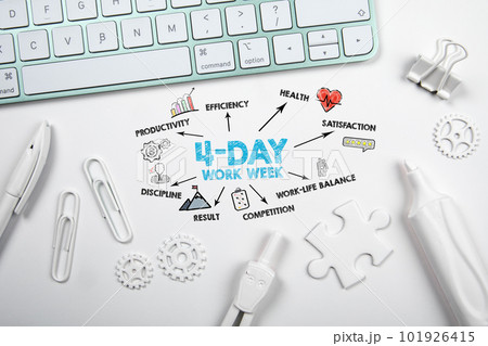 4-day work week. Illustration with icons, keywords and arrows on a white office table 101926415