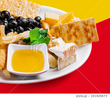 Different types of cheese on a white plate Different types of cheese on a white plate 101926673