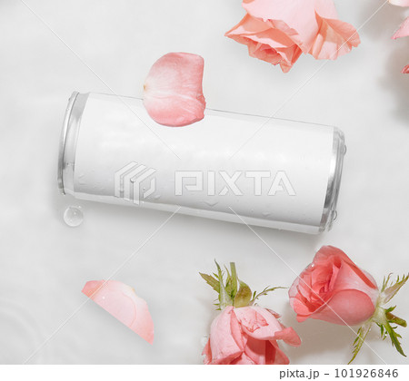 Wet metal aluminum beverage drink can with rose petals 101926846