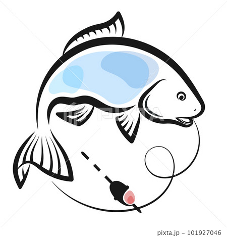 Fish silhouette and float on fishing line, sea food and fishing sign 101927046