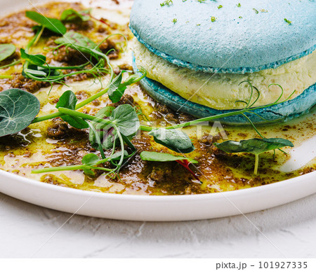 Molecular cuisine. macarons with pate on white plate Molecular cuisine. macarons with pate on white plate 101927335