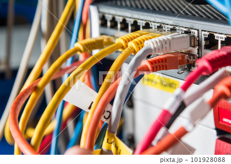Detail of server with patch cables plugged in ethernet ports 101928088