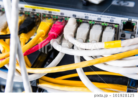 colorful patch cables connected to switch - high speed internet concept colorful patch cables connected to switch - high speed internet concept 101928125