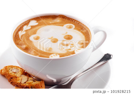 White cup cappuccino coffee with a latte-art pattern in the form of a bear White cup cappuccino coffee with a latte-art pattern in the form of a bear 101928215