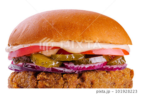 cheeseburger with beef patty, pickles, cheese, tomato, onion, lettuce close up cheeseburger with beef patty, pickles, cheese, tomato, onion, lettuce close up 101928223