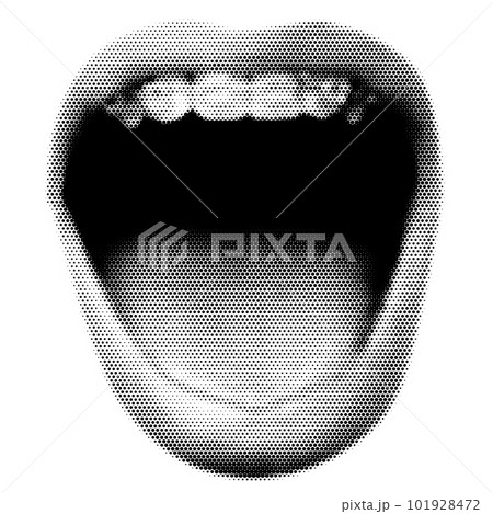 Screaming Mouth collage. Design lips in trendy dotted pop art style. Retro halftone effect. Vector illustration with vintage grunge punk cutout element. 101928472