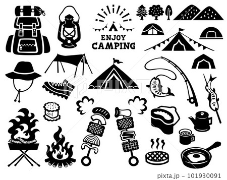 キャンプの切り絵風シルエットイラストセット キャンプの切り絵風シルエットイラストセット 101930091